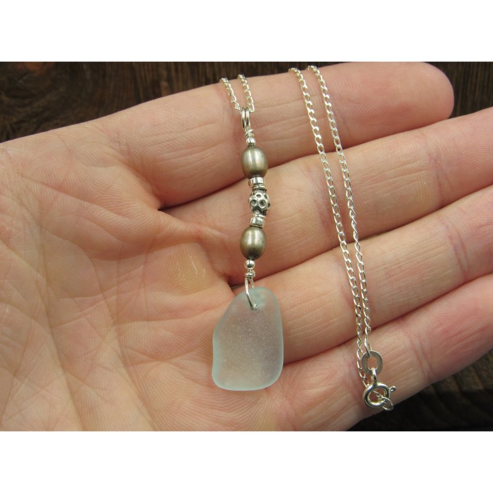 18 Inch Sterling Silver Sea Glass And Brown Real Pearls Necklace - Picture 2 of 6